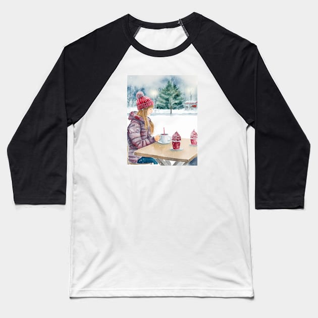 Woman Drinking Coffee in an open-air Cafe, Snowing Christmas Outdoors Baseball T-Shirt by fistikci